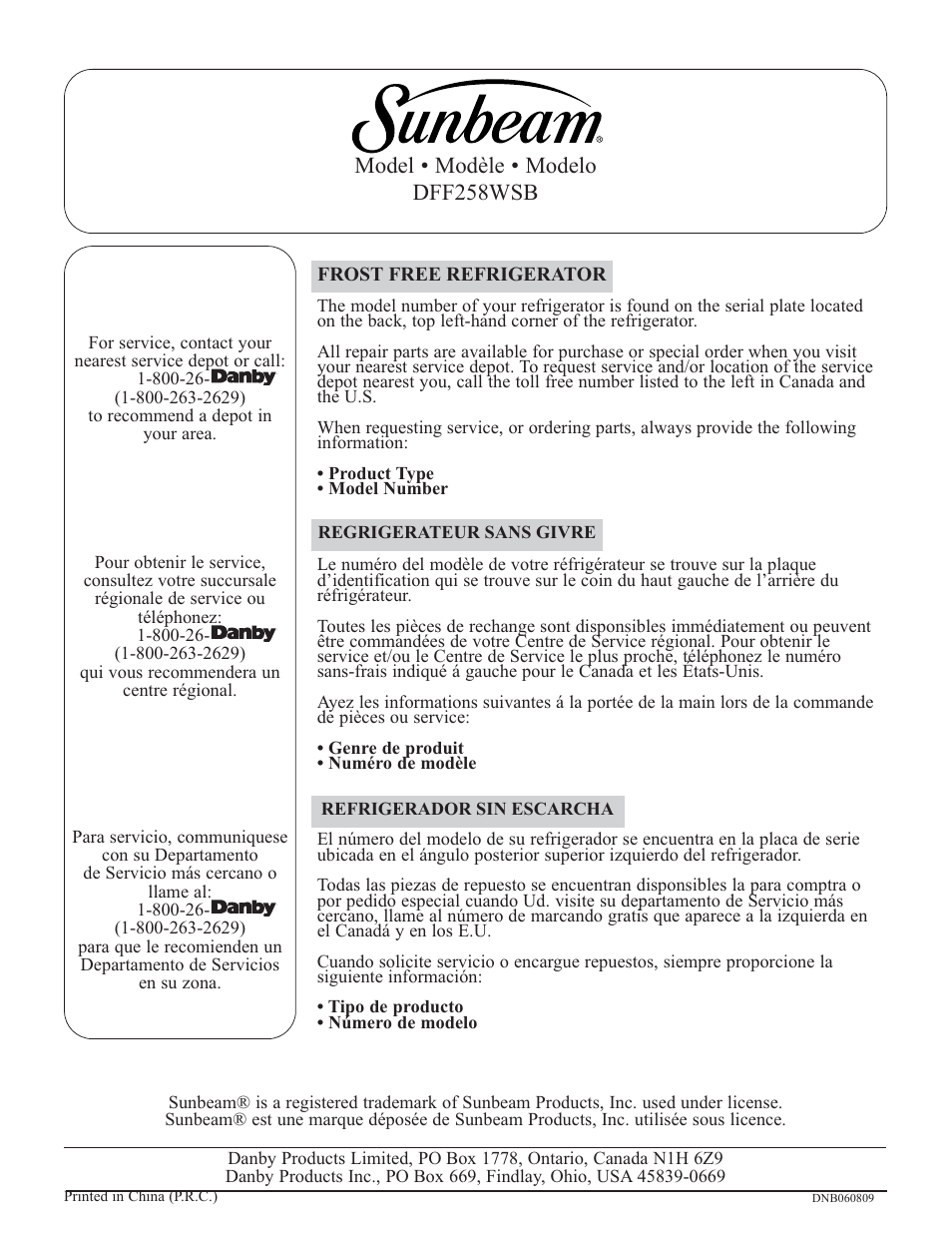 Model • modèle • modelo dff258wsb | Sunbeam DFF258WSB User Manual | Page 20 / 20