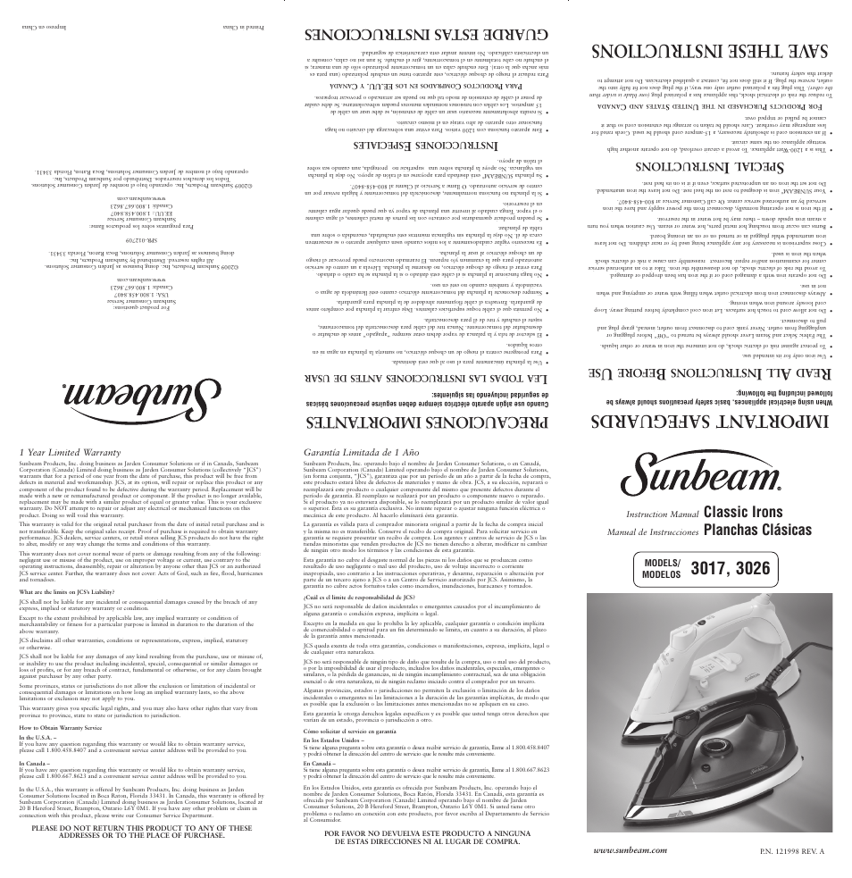 Sunbeam 3026 User Manual | 2 pages