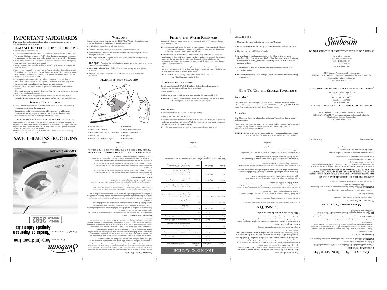 Auto-off steam iron, Plancha de vapor con apagado automático, Important safeguards | Save these instructions, Roning, Uide | Sunbeam 3982 User Manual | Page 2 / 20