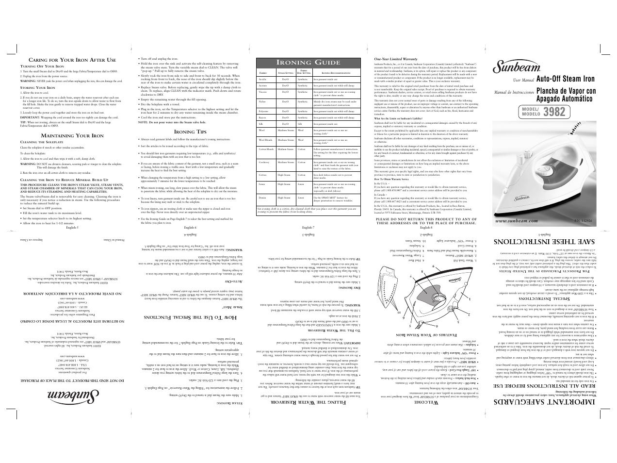 Auto-off steam iron, Plancha de vapor con apagado automático, Import ant safeguards | Sa ve these instructions, Roning, Uide | Sunbeam 3982 User Manual | Page 8 / 20