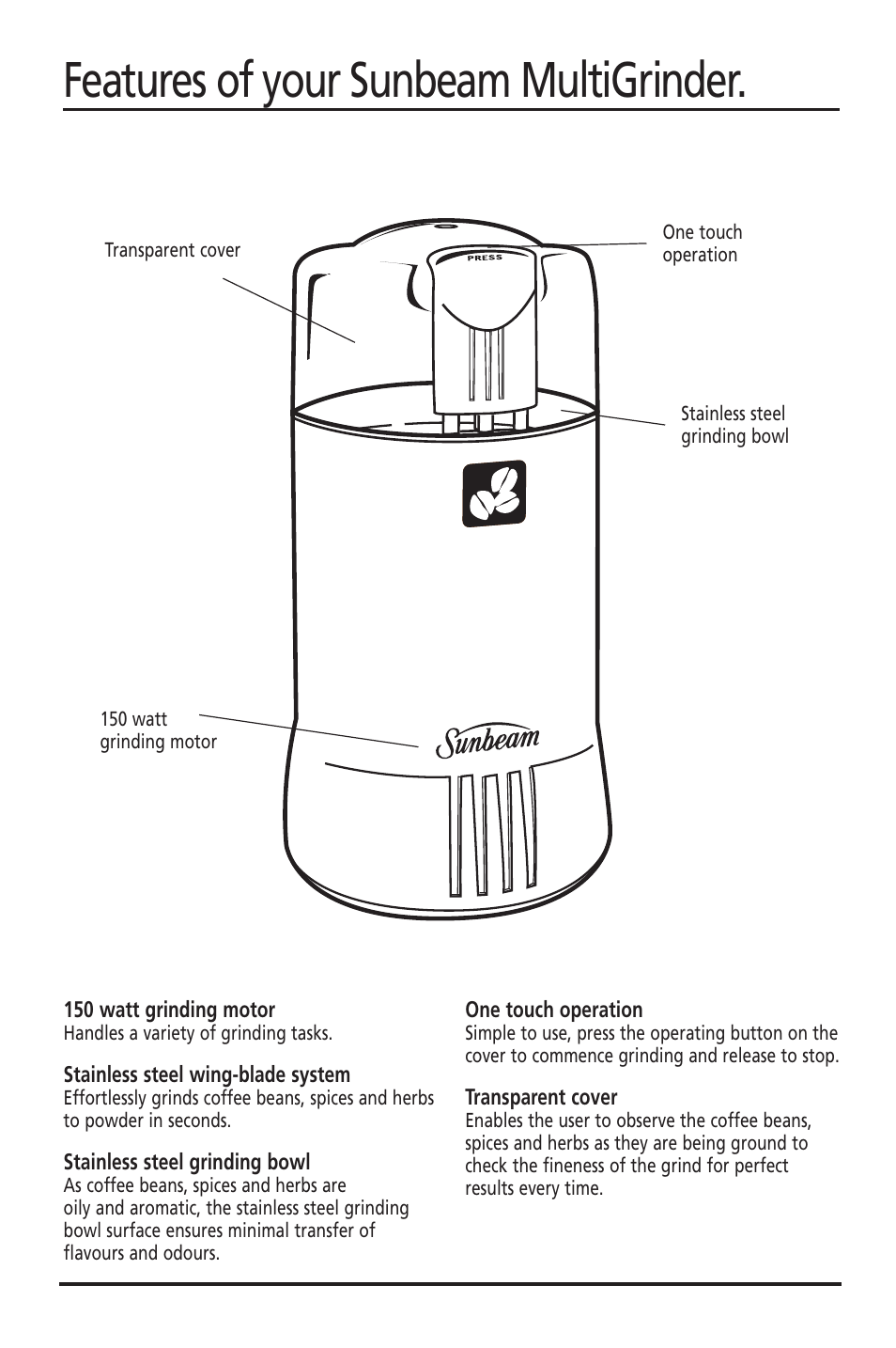 Features of your sunbeam multigrinder | Sunbeam EM0400 User Manual | Page 3 / 5