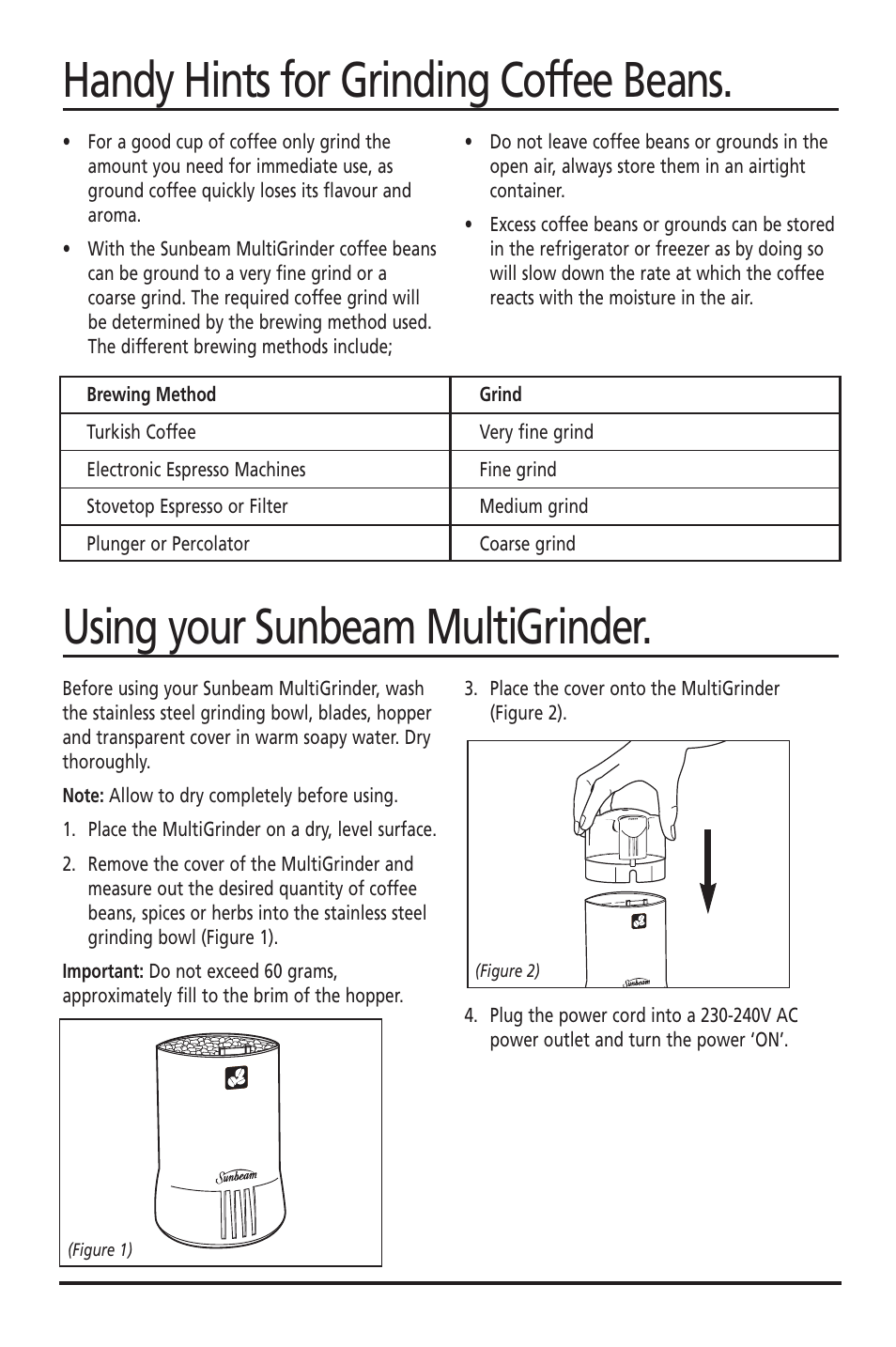 Handy hints for grinding coffee beans, Using your sunbeam multigrinder | Sunbeam EM0400 User Manual | Page 4 / 5
