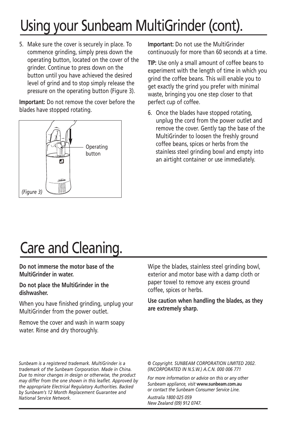 Using your sunbeam multigrinder (cont), Care and cleaning | Sunbeam EM0400 User Manual | Page 5 / 5