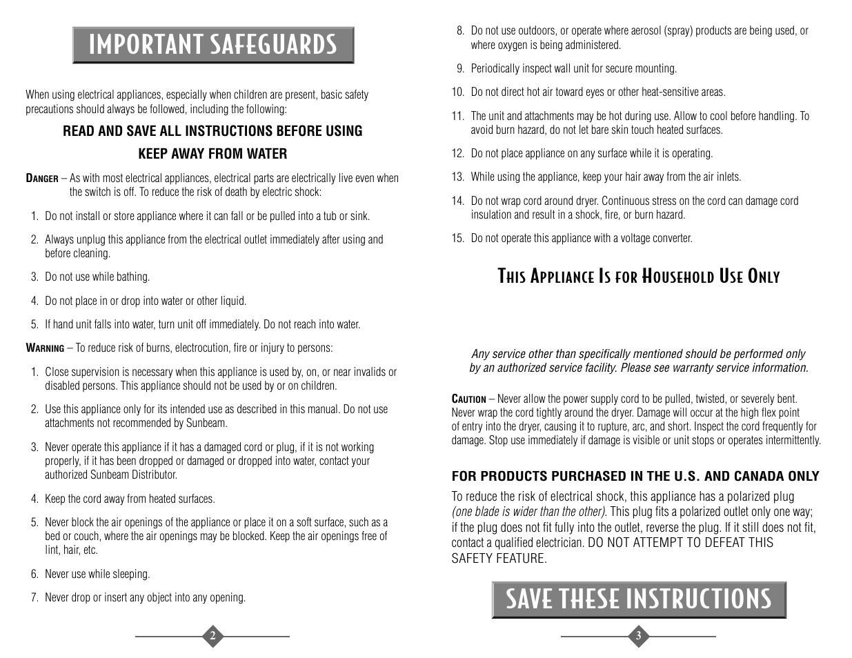 Important safeguards save these instructions | Sunbeam 1622 User Manual | Page 2 / 6