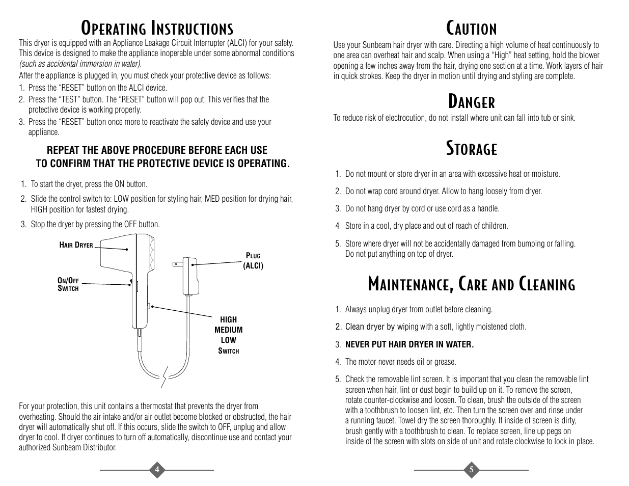 Perating, Nstructions, Aution | Anger, Torage, Aintenance, Are and, Leaning | Sunbeam 1622 User Manual | Page 3 / 6