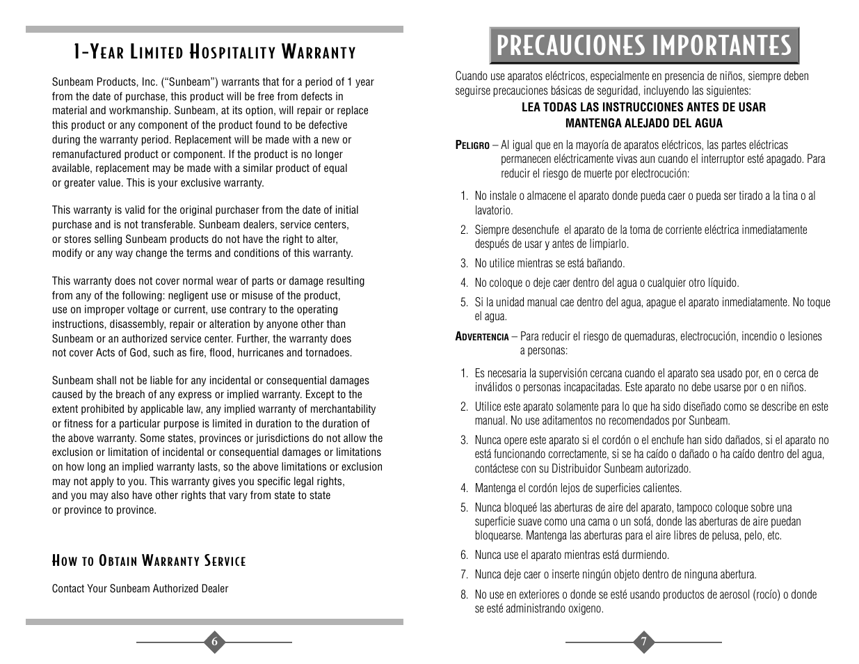 Precauciones importantes | Sunbeam 1622 User Manual | Page 4 / 6