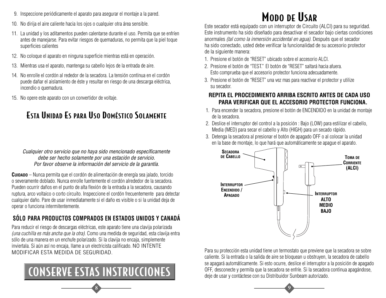 Conserve estas instrucciones, Odo de | Sunbeam 1622 User Manual | Page 5 / 6