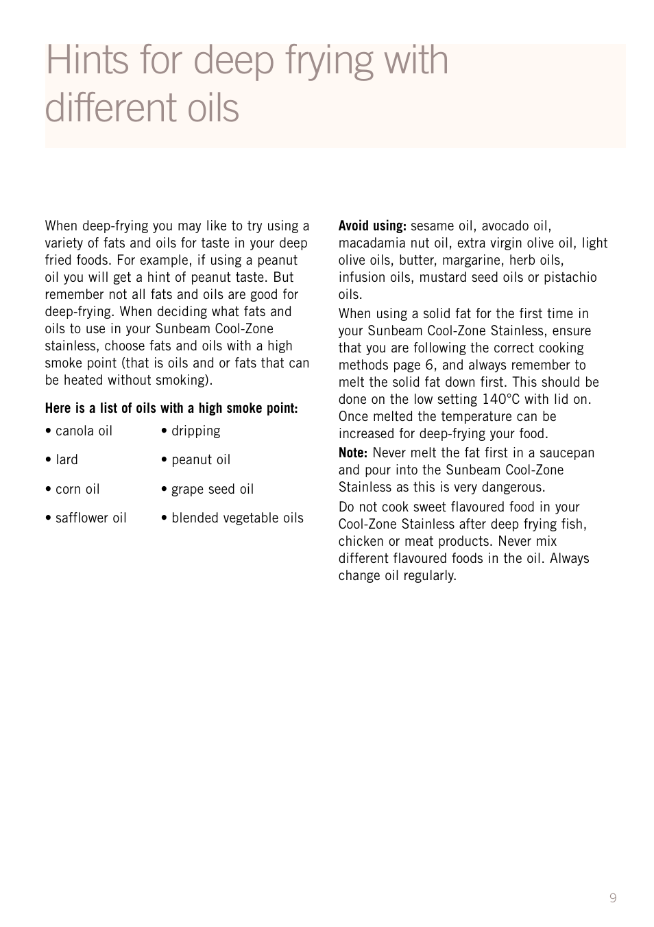 Hints for deep frying with different oils | Sunbeam DF5200S User Manual | Page 11 / 24