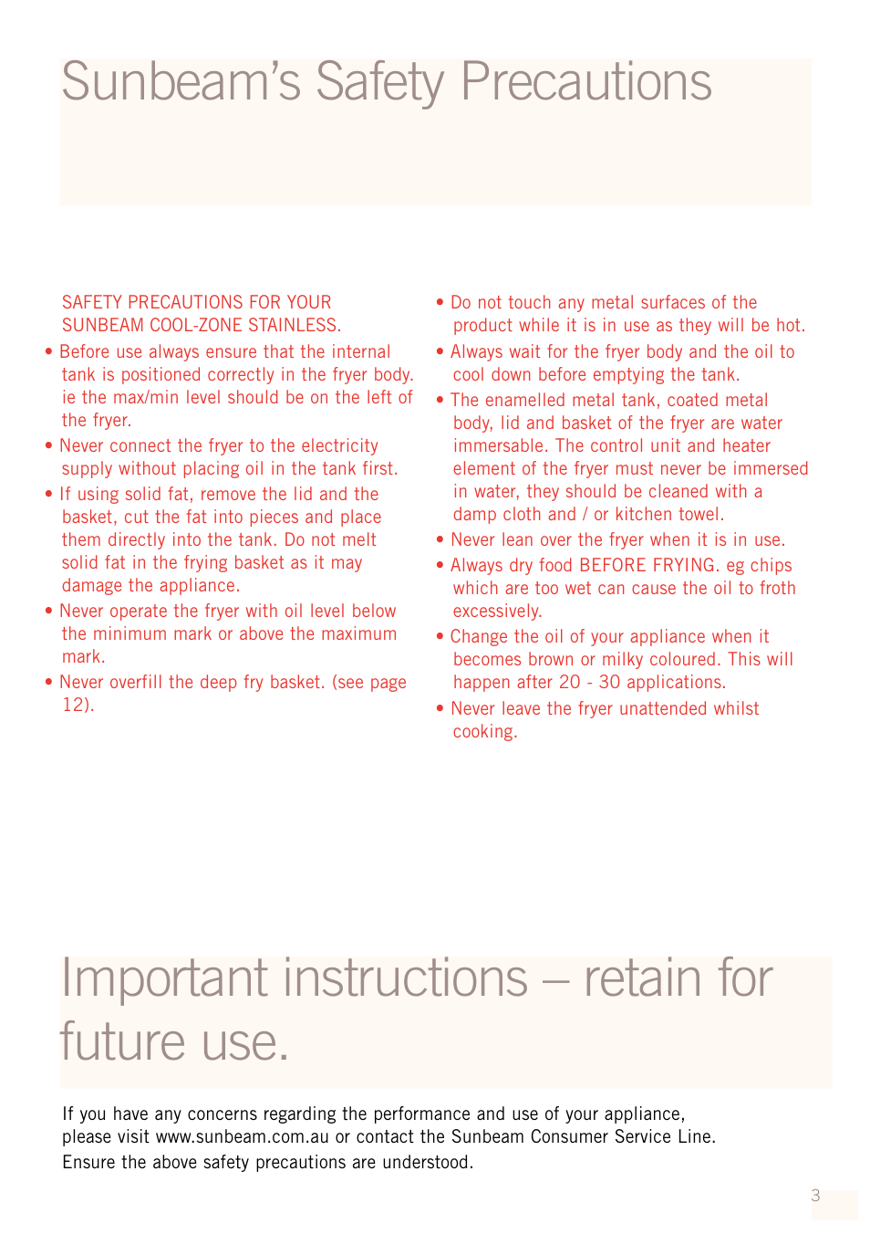 Sunbeam’s safety precautions, Important instructions – retain for future use | Sunbeam DF5200S User Manual | Page 5 / 24