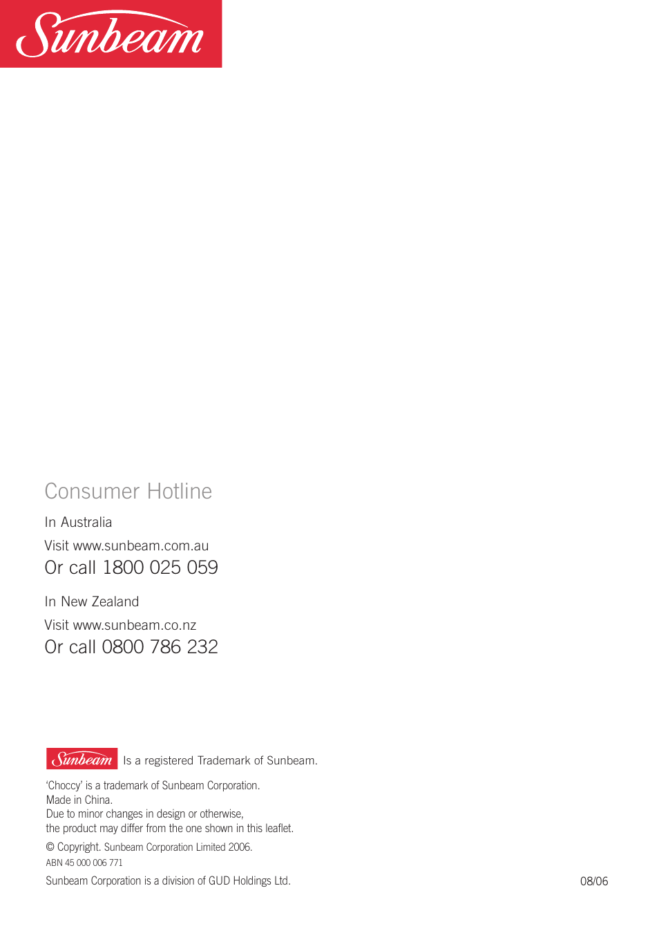 Consumer hotline | Sunbeam CF4100 User Manual | Page 16 / 16