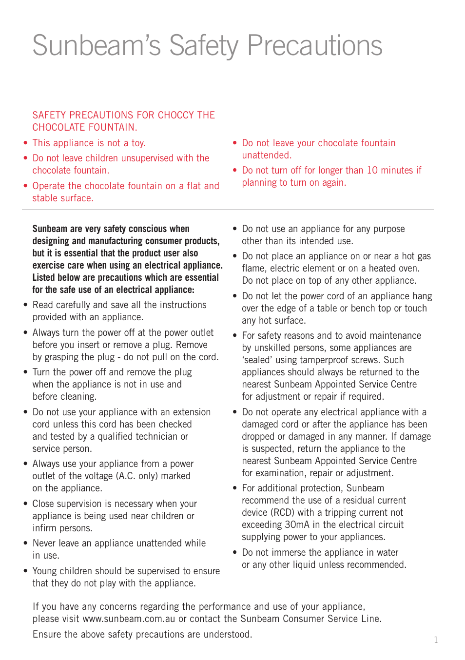 Sunbeam’s safety precautions | Sunbeam CF4100 User Manual | Page 3 / 16