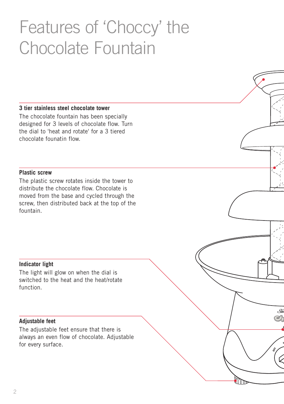 Features of ‘choccy’ the chocolate fountain | Sunbeam CF4100 User Manual | Page 4 / 16