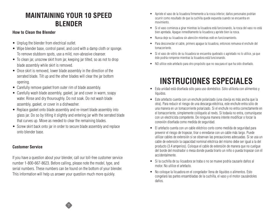 Instruciones especiales, Maintaining your 10 speed blender | Sunbeam 6091 User Manual | Page 11 / 17