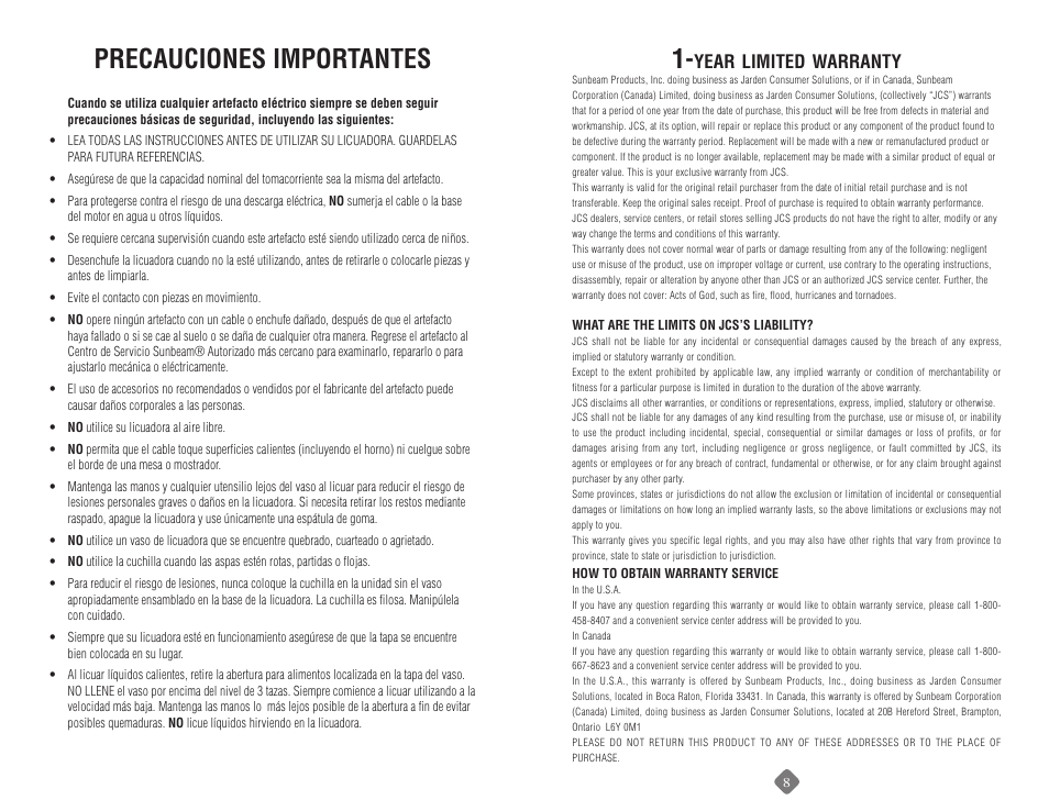 Precauciones importantes | Sunbeam 6091 User Manual | Page 12 / 17