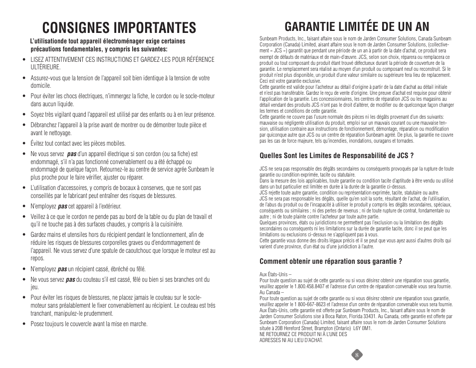 Consignes importantes, Garantie limitée de un an | Sunbeam 6091 User Manual | Page 13 / 17