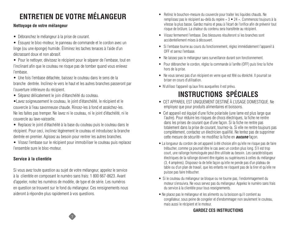 Instructions spéciales, Entretien de votre mélangeur | Sunbeam 6091 User Manual | Page 14 / 17