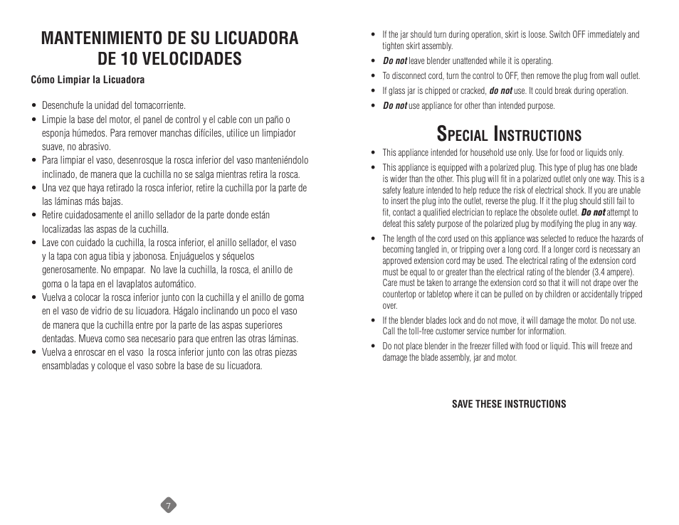 Mantenimiento de su licuadora de 10 velocidades, Pecial, Nstructions | Sunbeam 6091 User Manual | Page 4 / 17