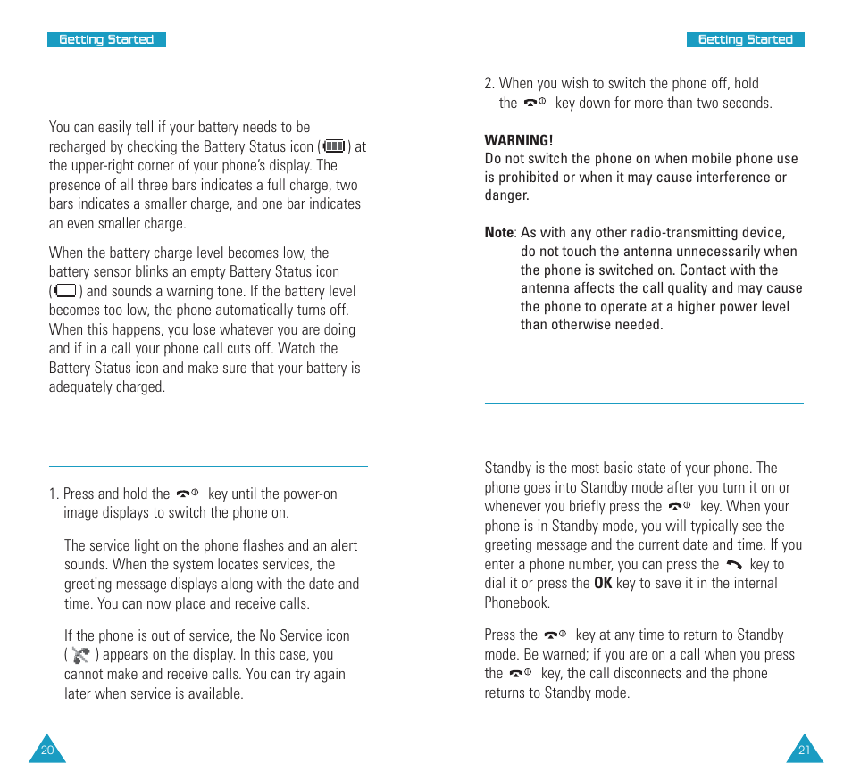 Switching the phone on or off, Your phone’s modes, Standby mode | Samsung SCH N391 User Manual | Page 11 / 75
