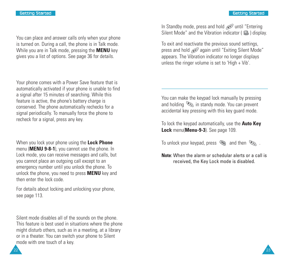 Locking or unlocking the keypad, Talk mode, Power save mode | Lock mode, Silent mode | Samsung SCH N391 User Manual | Page 12 / 75