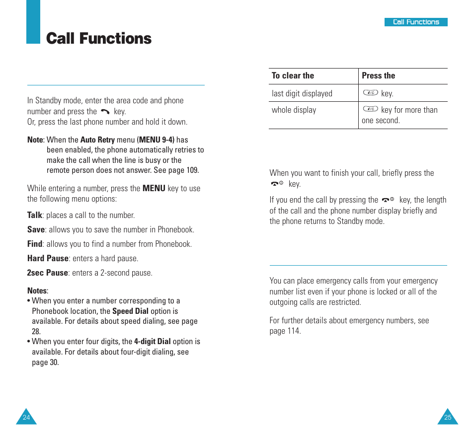 Call functions/ making a call, Emergency dialing, Call functions | Making a call, Correcting the number, Ending a call | Samsung SCH N391 User Manual | Page 13 / 75