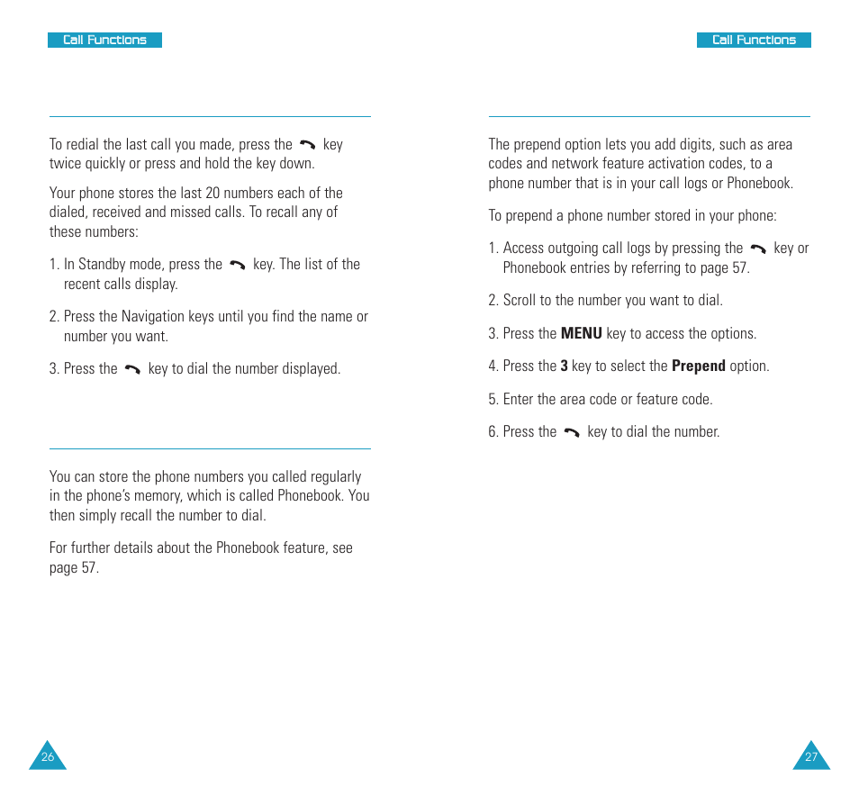 Redialing the last number, Making a call from phonebook, Prepend dialing | Samsung SCH N391 User Manual | Page 14 / 75