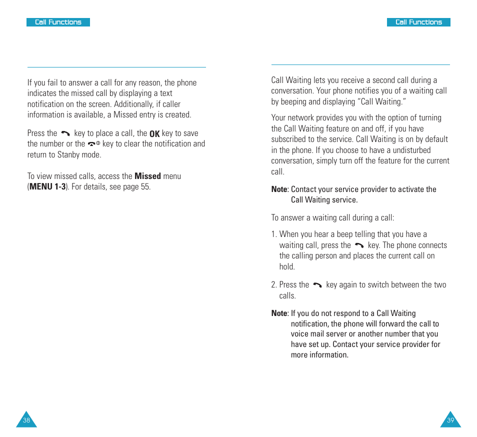 Viewing missed calls, Call waiting | Samsung SCH N391 User Manual | Page 20 / 75