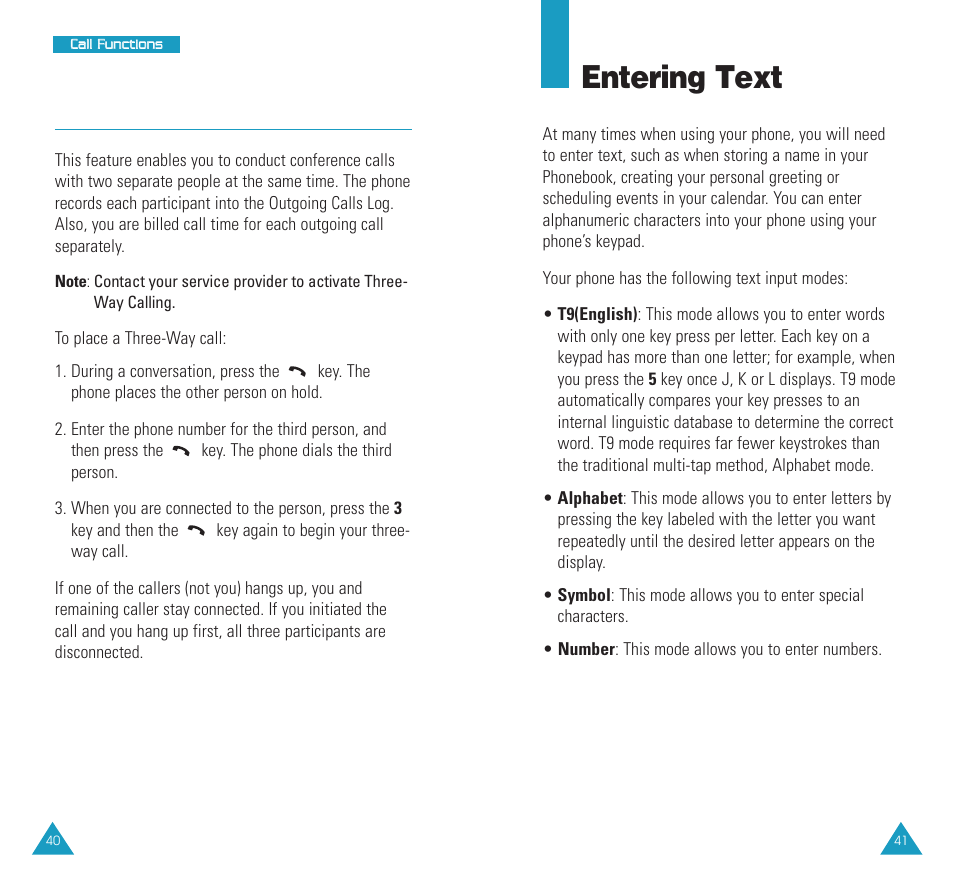 Three-way calling, Entering text | Samsung SCH N391 User Manual | Page 21 / 75