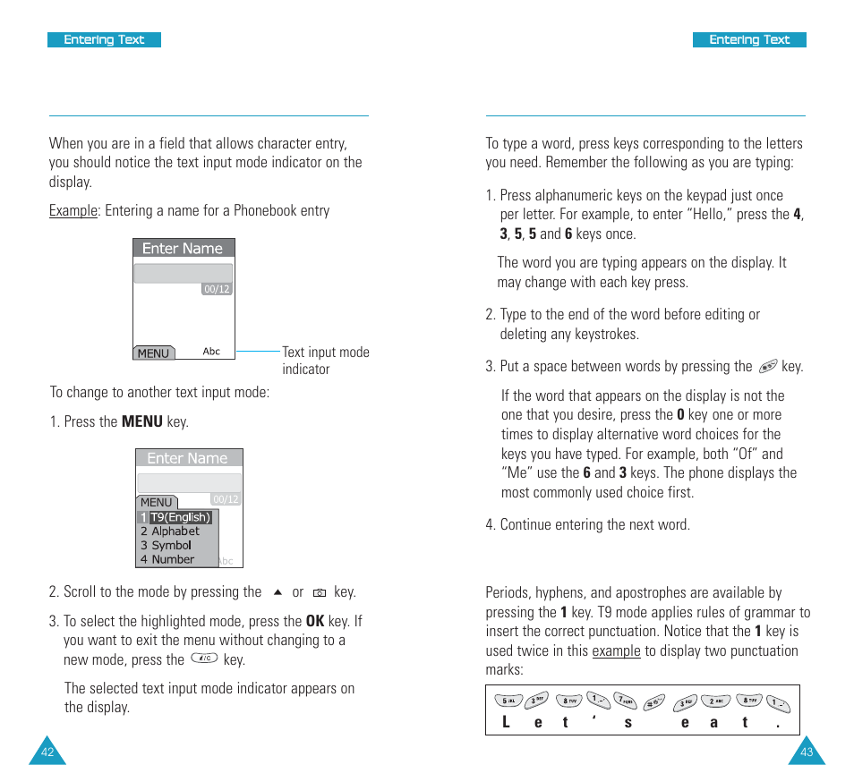 Changing the text input mode, Using t9(english) mode, Smart punctuation | Samsung SCH N391 User Manual | Page 22 / 75
