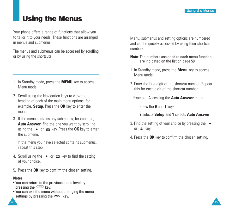 Using the menus, Accessing a menu function by scrolling, Using shortcuts | Samsung SCH N391 User Manual | Page 25 / 75