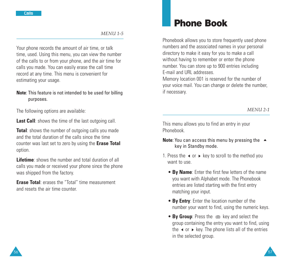 Air time (menu 1-5, Phone book, Find (menu 2-1) | Find, Air time | Samsung SCH N391 User Manual | Page 29 / 75