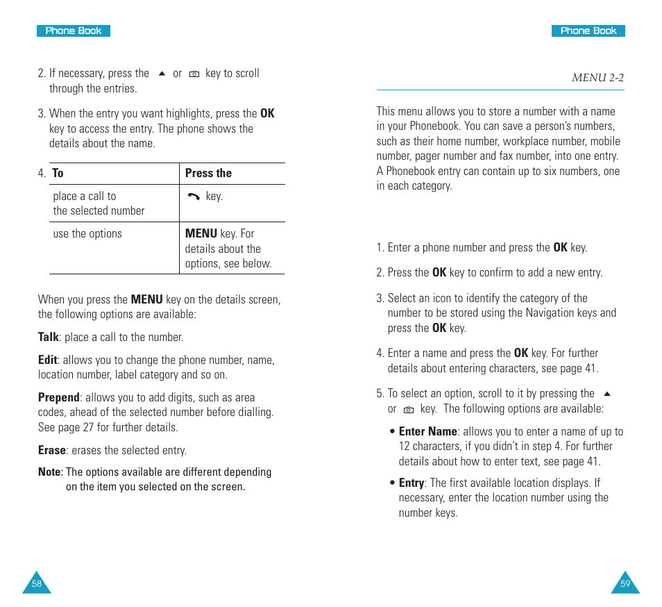 Add new entry (menu 2-2), Add new entry, Creating a new entry | Samsung SCH N391 User Manual | Page 30 / 75