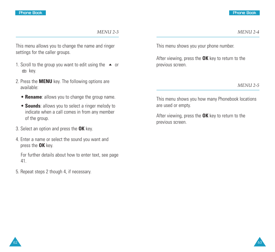 Group setting (menu 2-3), My phone # (menu 2-4), Memory (menu 2-5 | My phone, Group setting | Samsung SCH N391 User Manual | Page 32 / 75