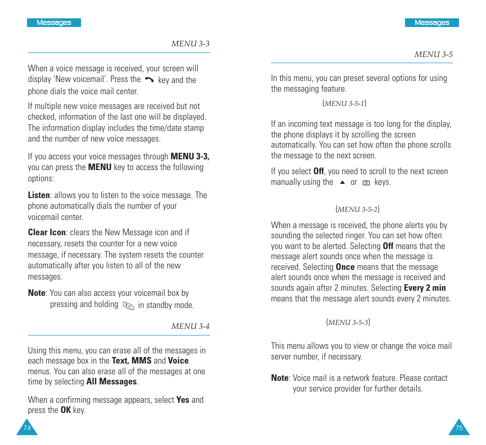 Voice (menu 3-3, Erase msg (menu 3-4, Msg setting (menu 3-5) | Msg setting, Voice, Erase msg, Scroll timer, Msg reminder, Voice mail | Samsung SCH N391 User Manual | Page 38 / 75