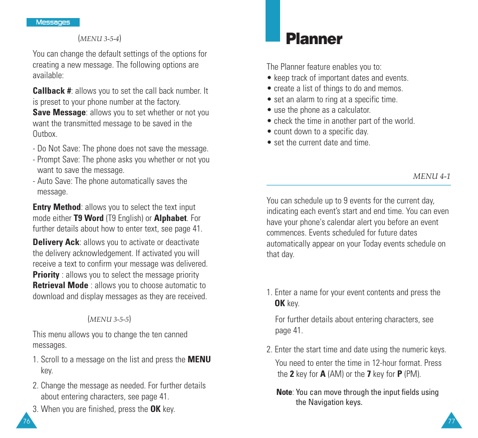 Planner, Today (menu 4-1), Today | New msg, Canned msg, Scheduling a new event | Samsung SCH N391 User Manual | Page 39 / 75
