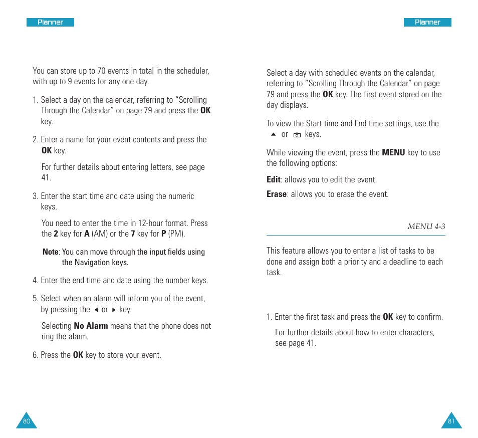 Task list (menu 4-3), Task list, Viewing your schedule | Creating a new task, Creating a new schedule | Samsung SCH N391 User Manual | Page 41 / 75