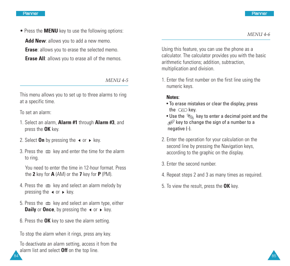 Alarm (menu 4-5), Calculator (menu 4-6), Calculator | Alarm | Samsung SCH N391 User Manual | Page 43 / 75