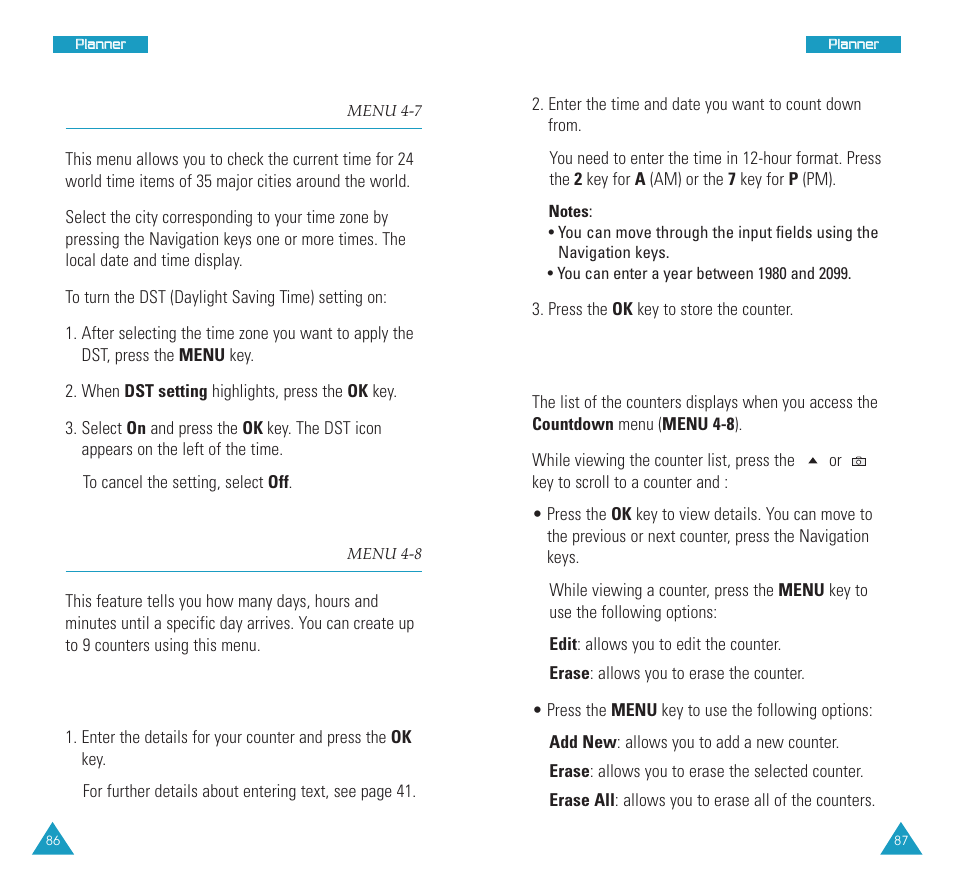 World time (menu 4-7), Countdown (menu 4-8), World time | Countdown, Viewing a counter, Creating a new counter | Samsung SCH N391 User Manual | Page 44 / 75