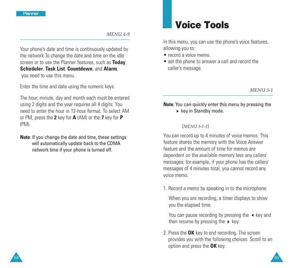 Set time (menu 4-9), Voice tools, Voice memo (menu 5-1) | Set time | Samsung SCH N391 User Manual | Page 45 / 75