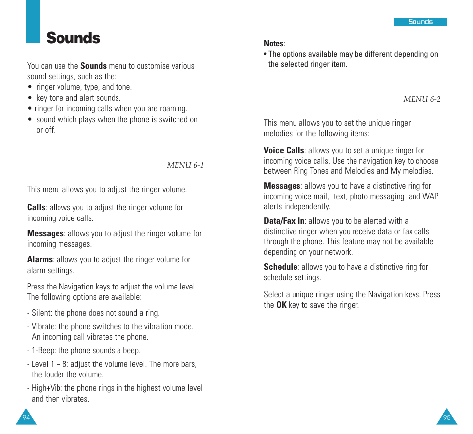 Sounds, Ringer volume (menu 6-1), Ringer type (menu 6-2) | Ringer volume, Ringer type | Samsung SCH N391 User Manual | Page 48 / 75