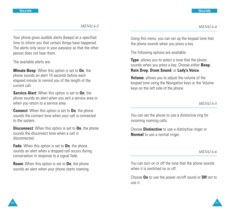 Alerts (menu 6-3), Key tone (menu 6-4), Roam ringer (menu 6-5 | Power on/off (menu 6-6), Key tone, Roam ringer, Power on/off, Alerts | Samsung SCH N391 User Manual | Page 49 / 75