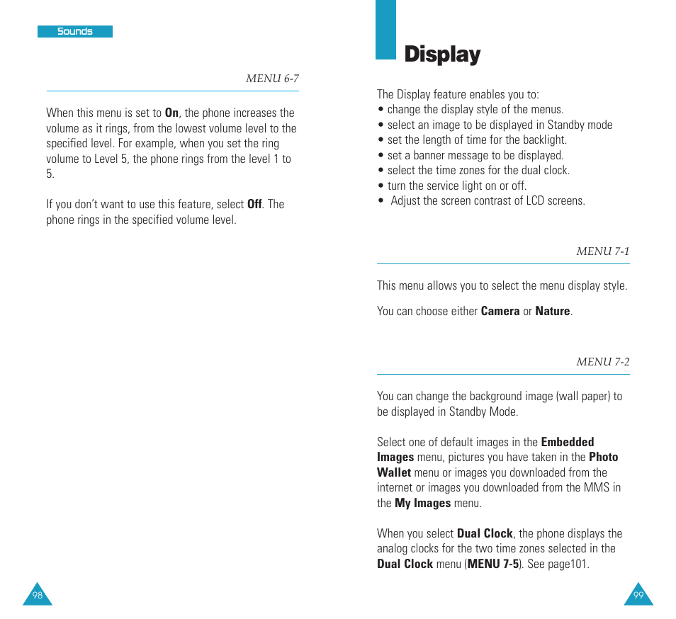 Escalating (menu 6-7), Display, Menu style (menu 7-1) | Wallpaper (menu 7-2), Menu style, Wallpaper, Escalating | Samsung SCH N391 User Manual | Page 50 / 75