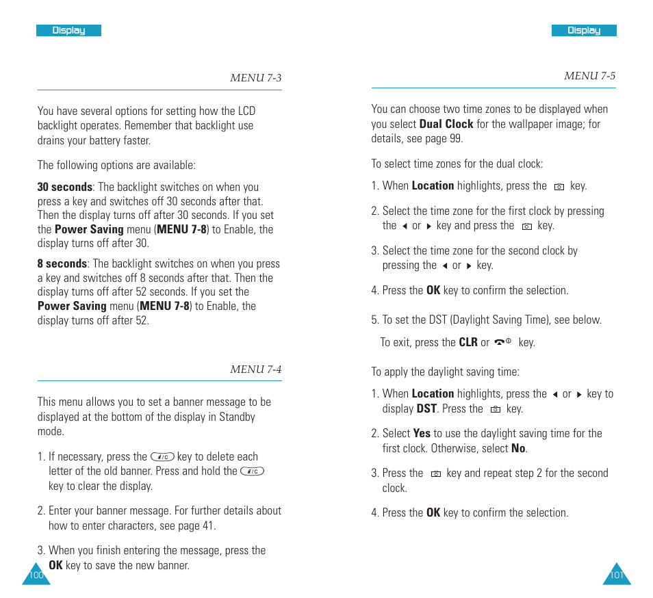 Backlight (menu 7-3), Banner (menu 7-4), Dual clock (menu 7-5) | Dual clock, Backlight, Banner | Samsung SCH N391 User Manual | Page 51 / 75