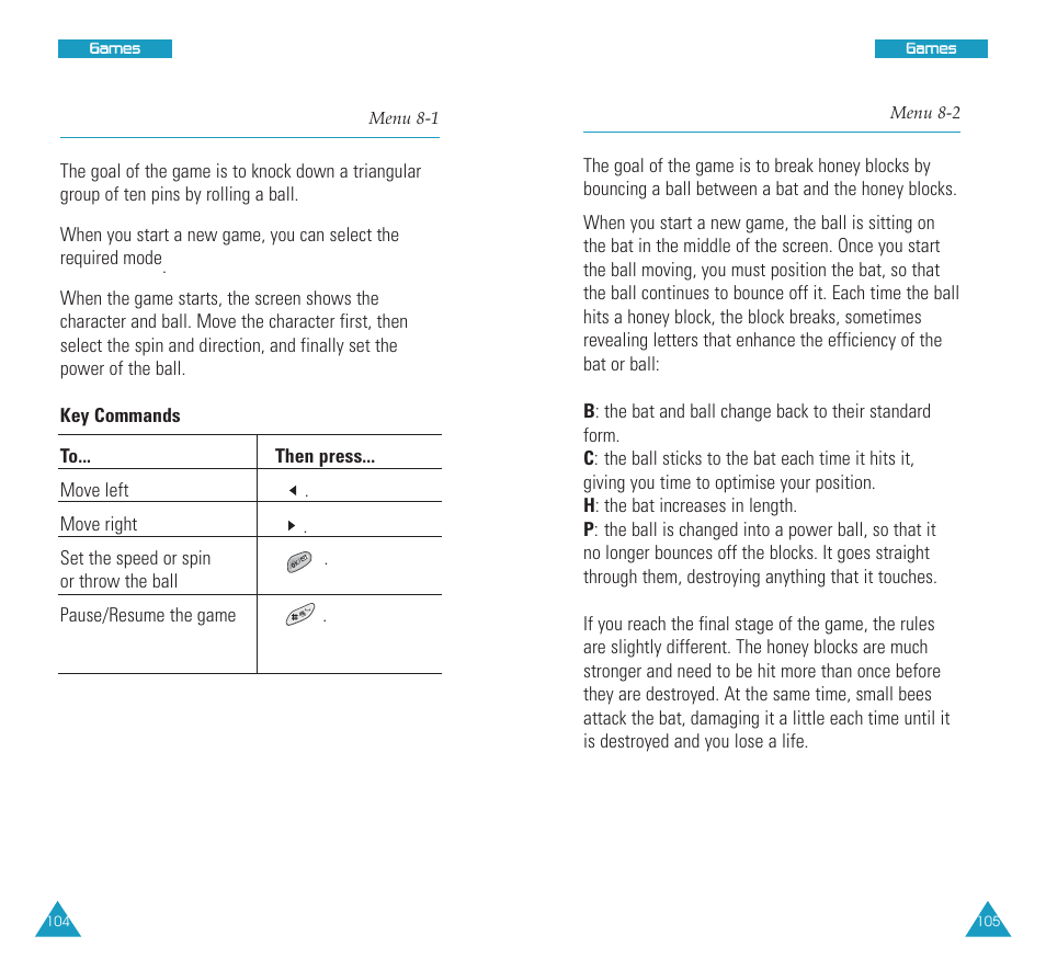 Fun bowling (menu 8-1), Honey ball (menu 8-2), Honey ball | Fun bowling | Samsung SCH N391 User Manual | Page 53 / 75