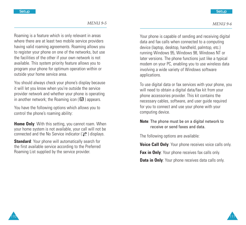 Set system (menu 9-5), Data/fax (menu 9-6), Data/fax | Set system | Samsung SCH N391 User Manual | Page 56 / 75