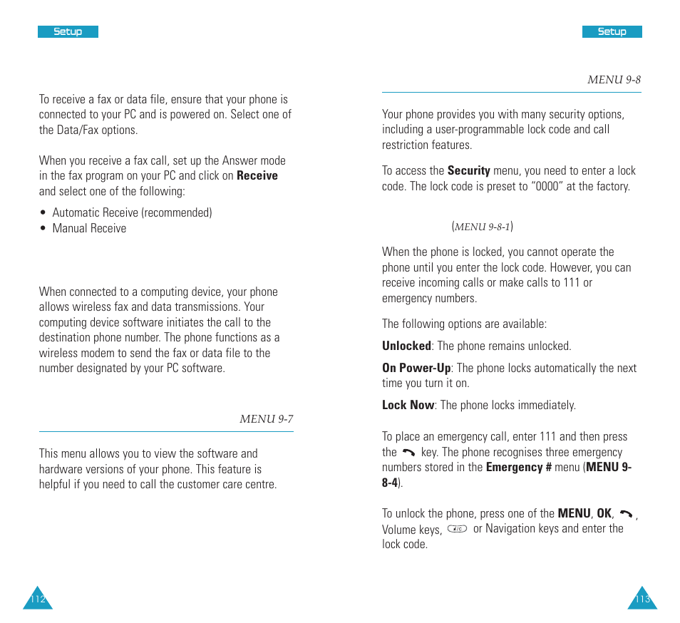 Version (menu 9-7), Security (menu 9-8), Security | Version, Lock phone, Receiving a fax or data file, Sending a fax or data file | Samsung SCH N391 User Manual | Page 57 / 75