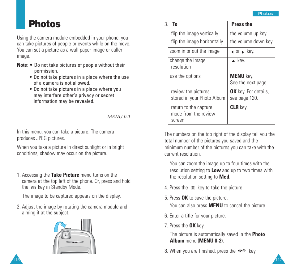 Photos, Take picture (menu 0-1), Take picture | Taking a picture | Samsung SCH N391 User Manual | Page 59 / 75