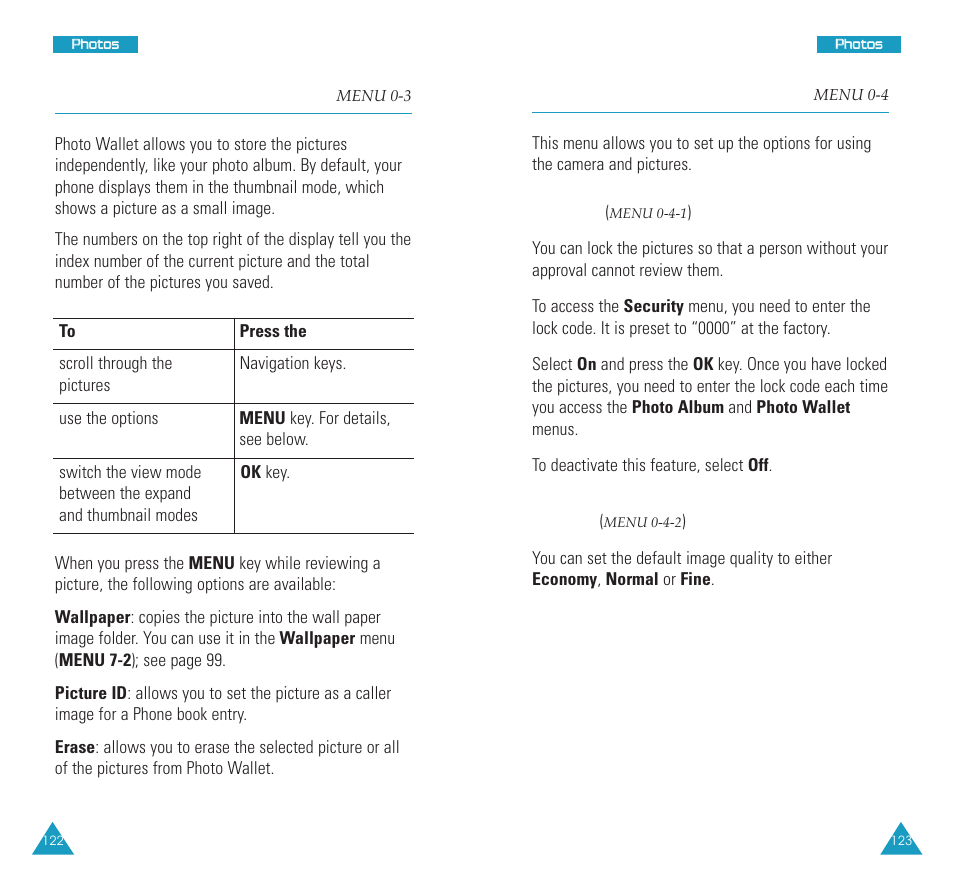 Photo wallet (menu 0-3), Settings (menu 0-4), Settings | Photo wallet, Security, Quality | Samsung SCH N391 User Manual | Page 62 / 75