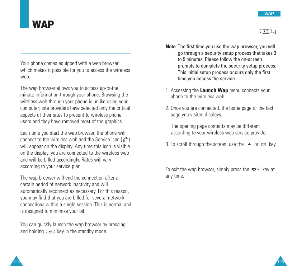 About the wap browser, Launch wap, Exiting the wap browser | Samsung SCH N391 User Manual | Page 63 / 75