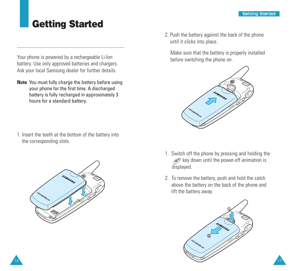 Getting started, Using the battery, Removing the battery | Installing the battery | Samsung SCH N391 User Manual | Page 9 / 75