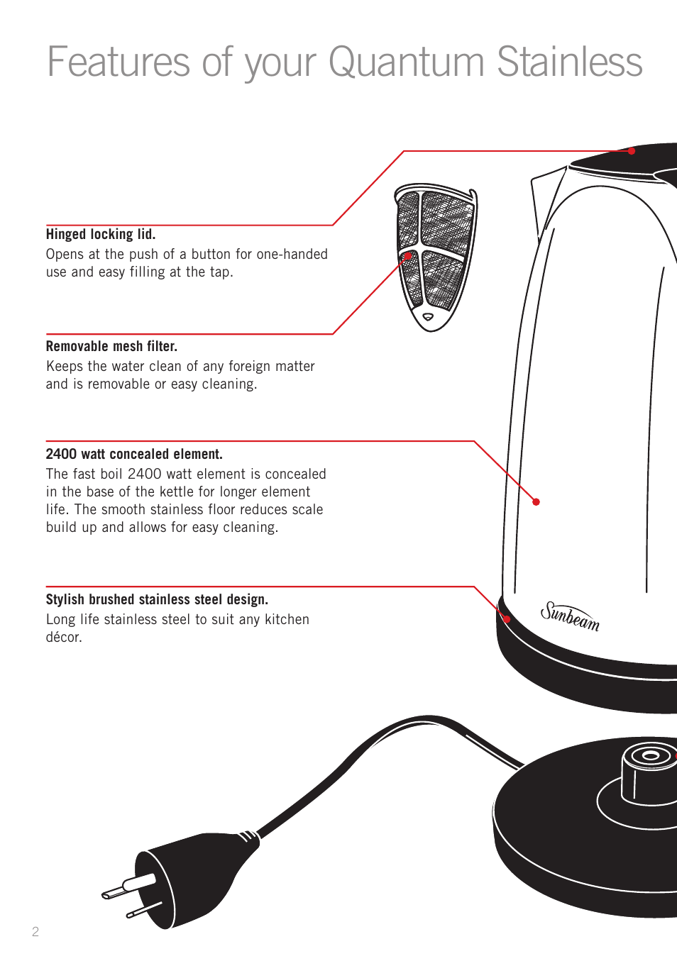 Features of your quantum stainless | Sunbeam KE8510 User Manual | Page 4 / 10